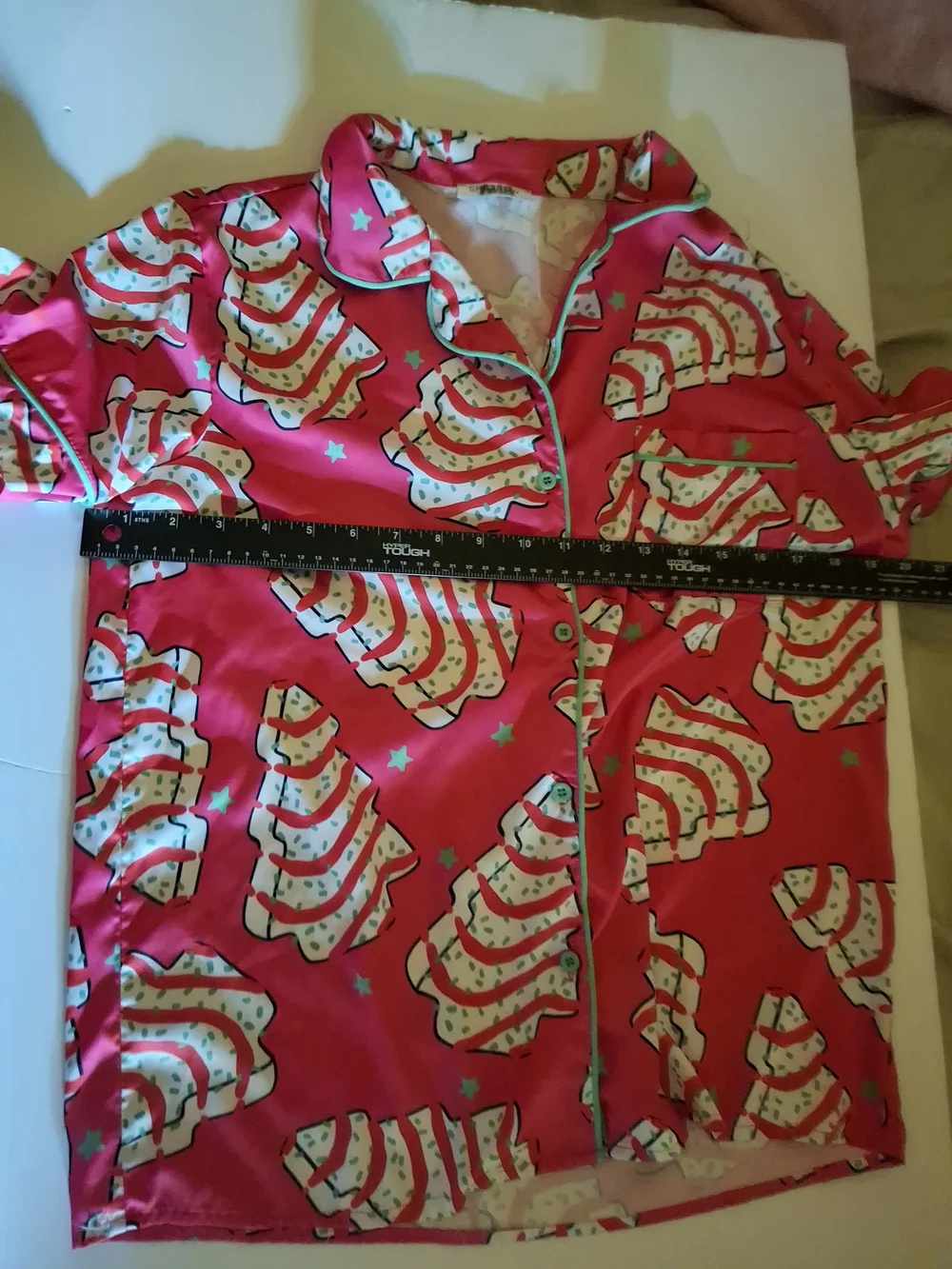 Women's Bright Pink Short Pajama Set Featuring Christmas Tree Cakes